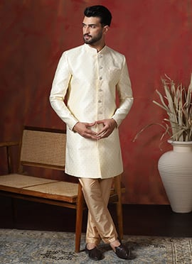 Brown Cotton Printed Indowestern Sherwani Set