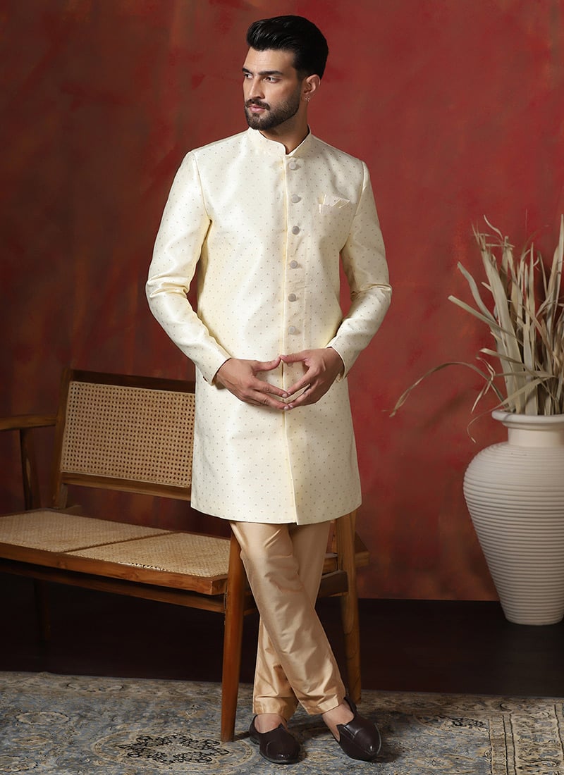Brown Cotton Printed Indowestern Sherwani Set Wedding Wear