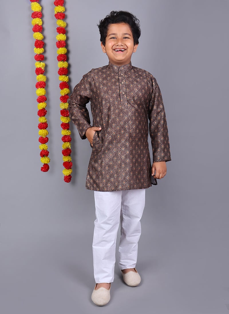 Brown Cotton Printed Kids Boys Kurta Pyjama Festive Wear