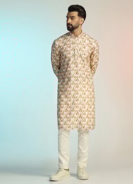 Brown Cotton Printed Kurta Pyjama For Men