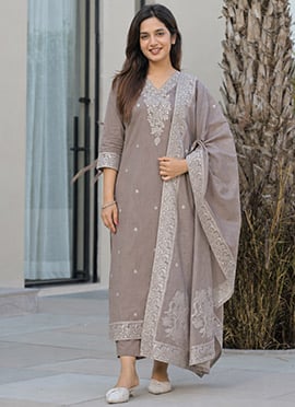 Brown Cotton Printed Regal Straight Pant Suit