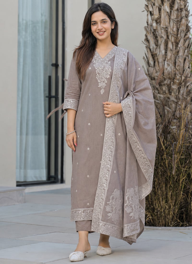 Brown Cotton Printed Regal Straight Pant Suit Work Wear