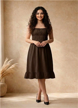 Brown Cotton Ruched Bodice Midi Dress