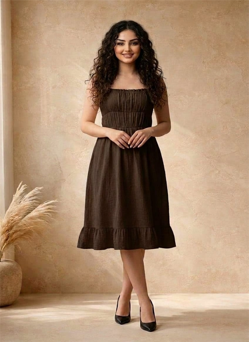 Brown Cotton Ruched Bodice Midi Dress Party Wear