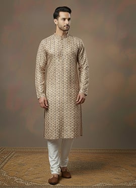 Brown Cotton Sequins Kurta Pyjama