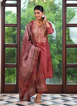 Brown Cotton Silk Embroidered And Printed Straight Pant Suit