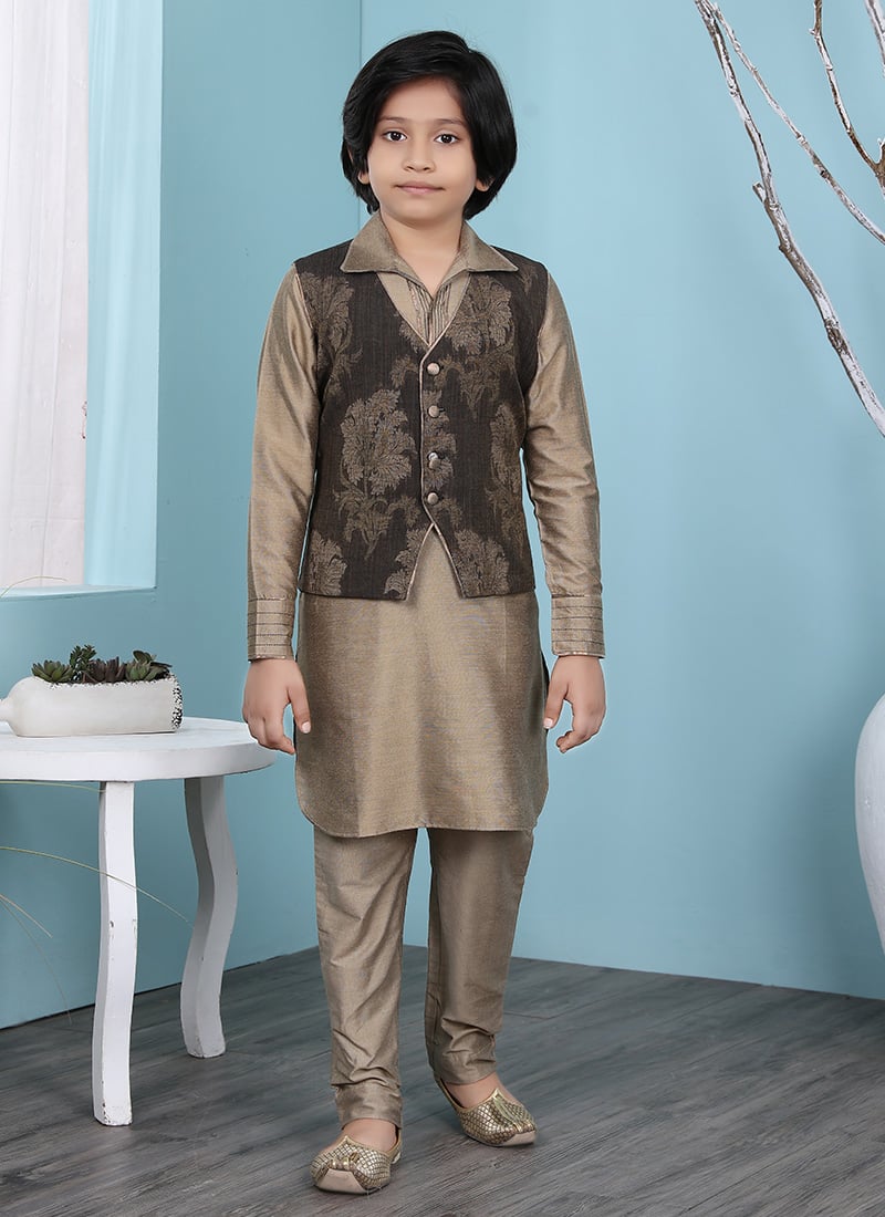Brown Cotton Silk Jacquard Bandi Set