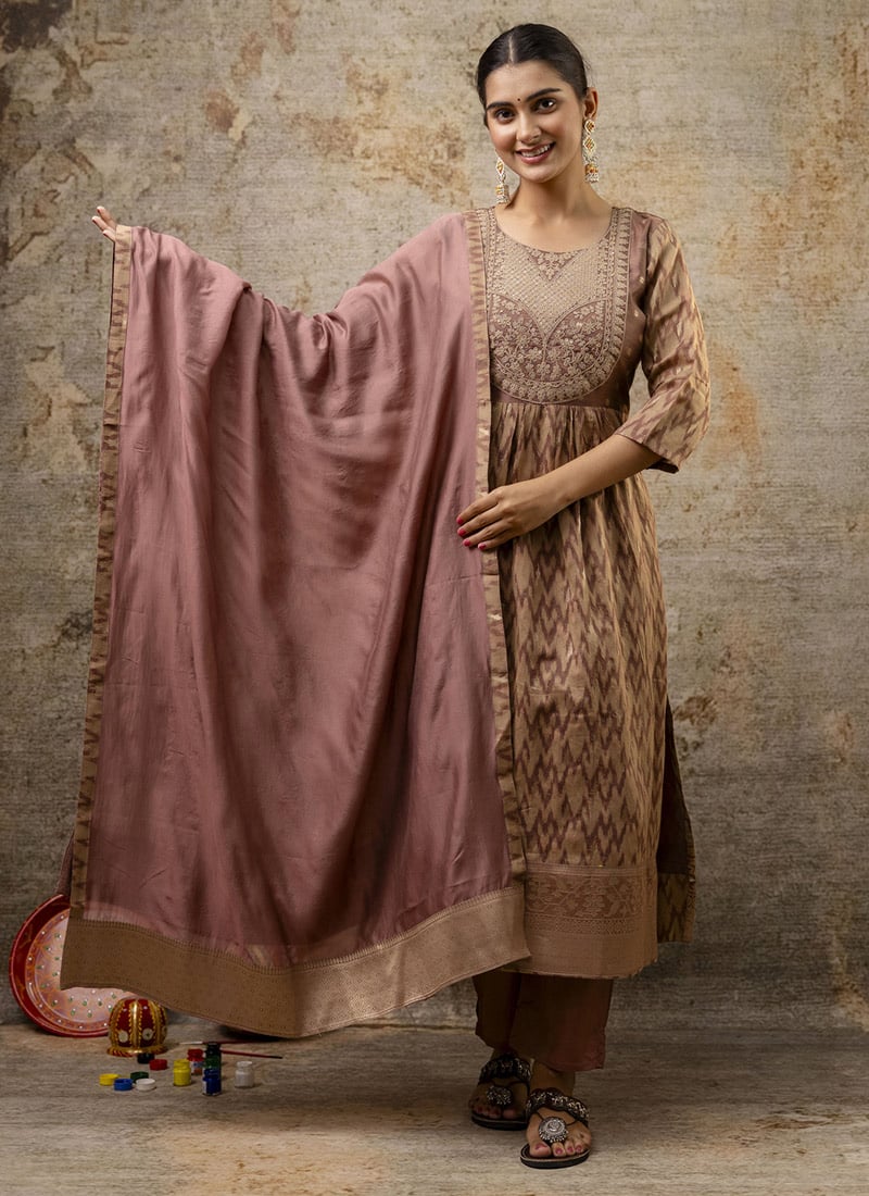 Brown Cotton Silk Printed Embroidered Straight Pant Suit