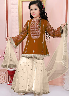 Brown Cotton Silk Zari Embroidered Kids Girls Sharara Suit