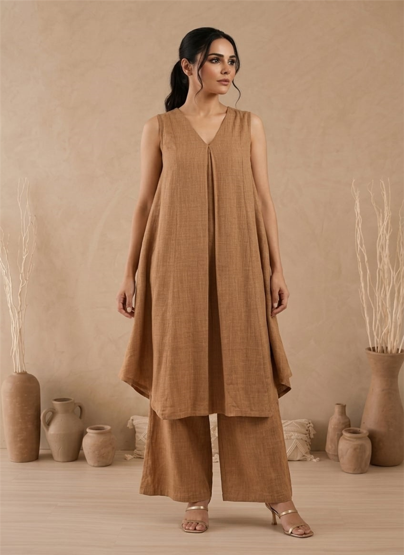 Brown Cotton Sleeveless Layered Kurta With Palazzo After Six Wear