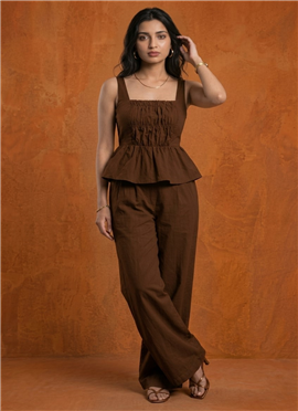 Brown Cotton Smocked Peplum Co-ord Set
