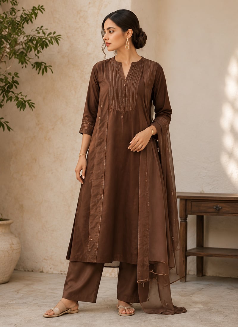 Brown Cotton Straight Suit After Six Wear
