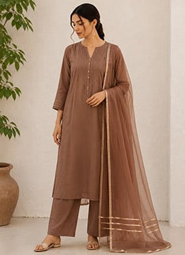 Brown Cotton Straight Suit