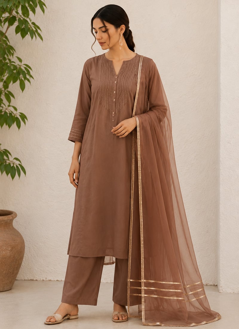 Brown Cotton Straight Suit After Six Wear