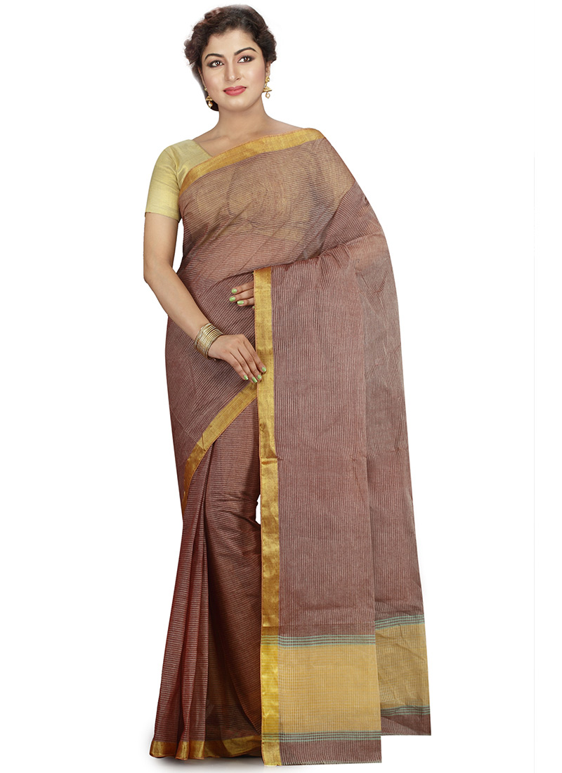 Buy Brown Cotton Tant Saree, Handloom , Zari, sari Online Shopping SAKSBST032