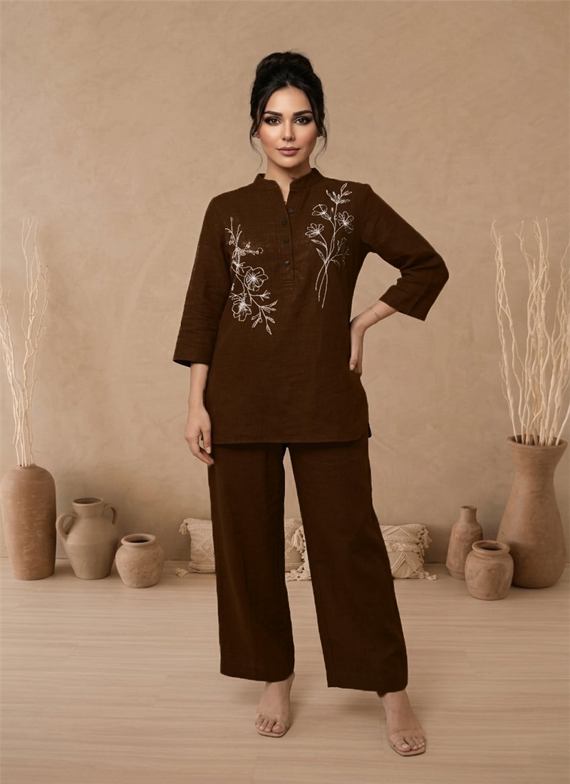 Brown Cotton Thread Work Co Ord Set After Six Wear