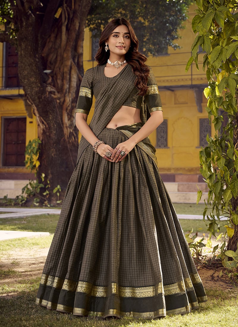 Brown Cotton Zari Work Lehenga Festive Wear