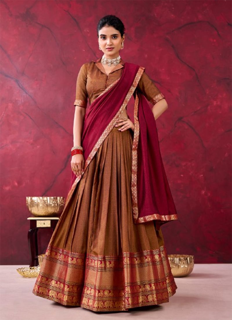 Brown Cotton Zari Woven Lehenga Festive Wear
