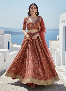 Brown Crush Silk Embroidered Lehenga