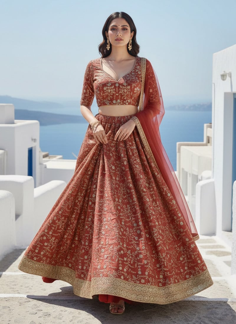Brown Crush Silk Embroidered Lehenga Wedding Wear