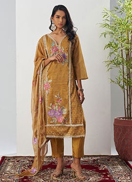 Brown Crush Silk Embroidered Sequins With Beads Work Straight Pant Suit