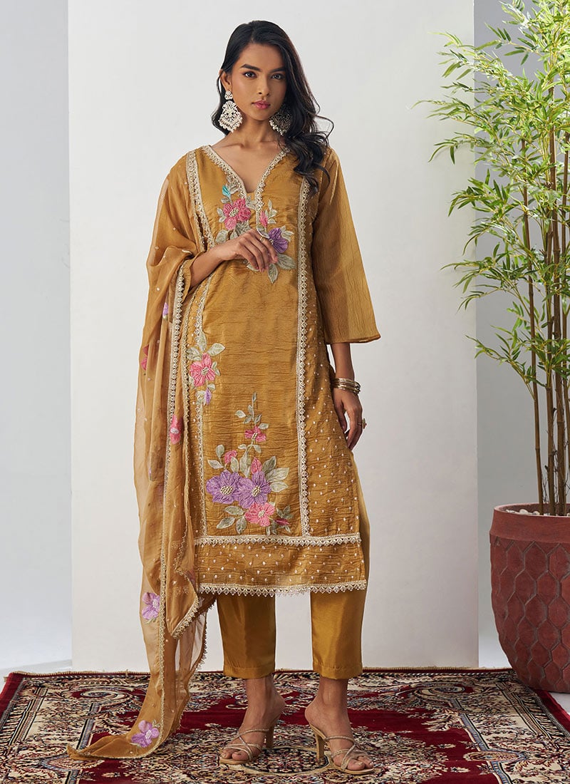 Brown Crush Silk Embroidered Sequins With Beads Work Straight Pant Suit Festive Wear