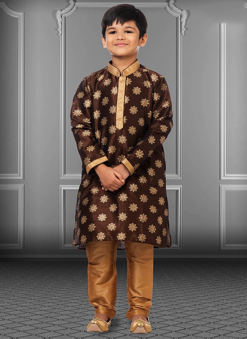 Brown Dhupion Silk Foil Printed Boys Kurta Pyjama