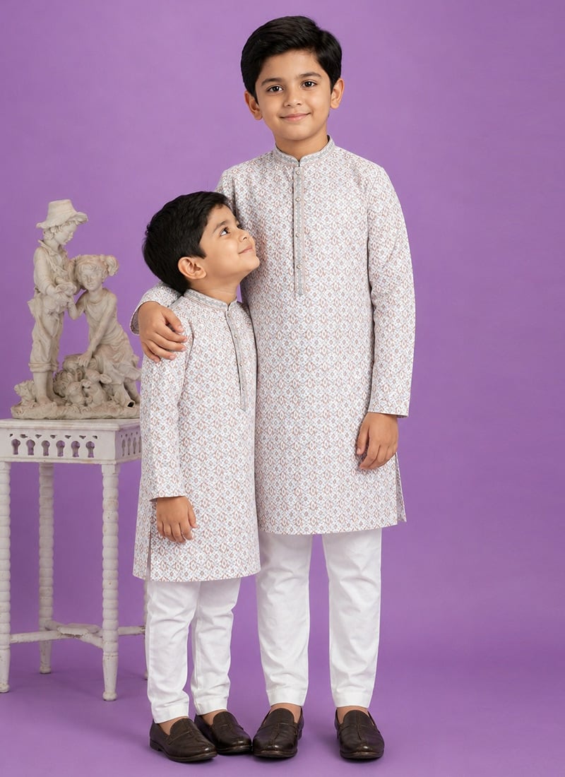 Brown Digital Print Kurta Cotton Kurta Pyjama For Kids Boys Festive Wear