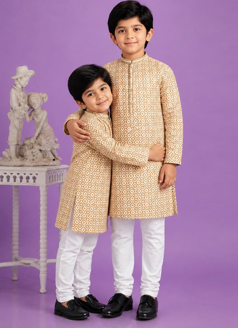 Brown Digital Print Kurta Cotton Kurta Pyjama For Kids Boys Festive Wear