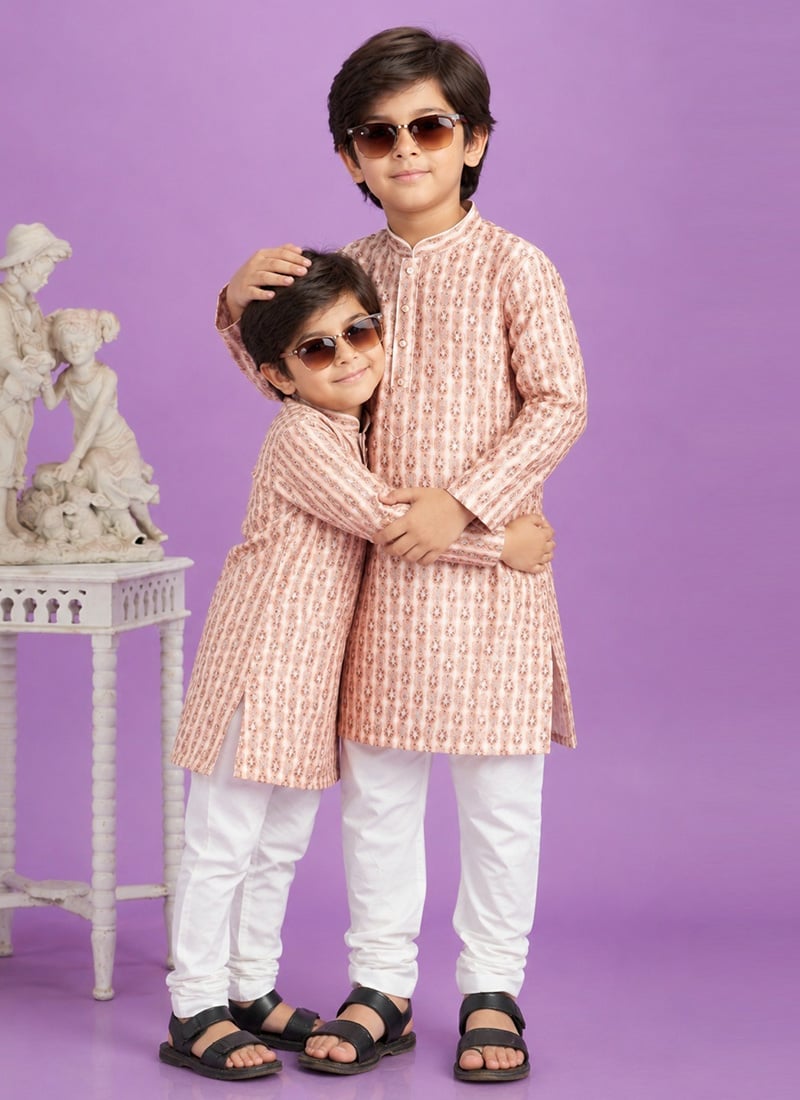 Brown Digital Print Kurta Cotton Kurta Pyjama For Kids Boys Festive Wear