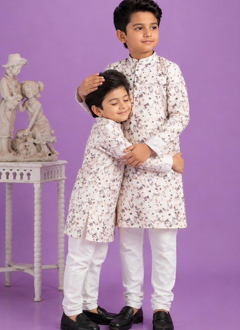 Brown Digital Print Kurta Cotton Kurta Pyjama For Kids Boys Festive Wear