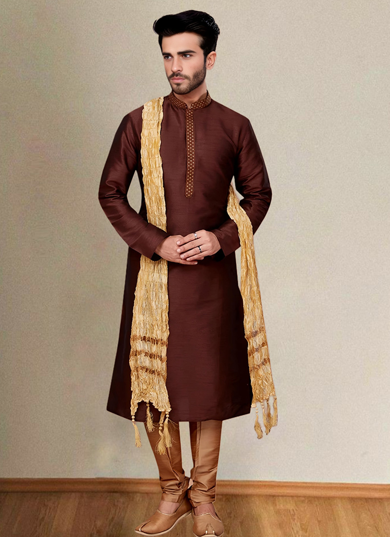 Brown Dupion Embroidered Kurta Pyjama Festive Wear