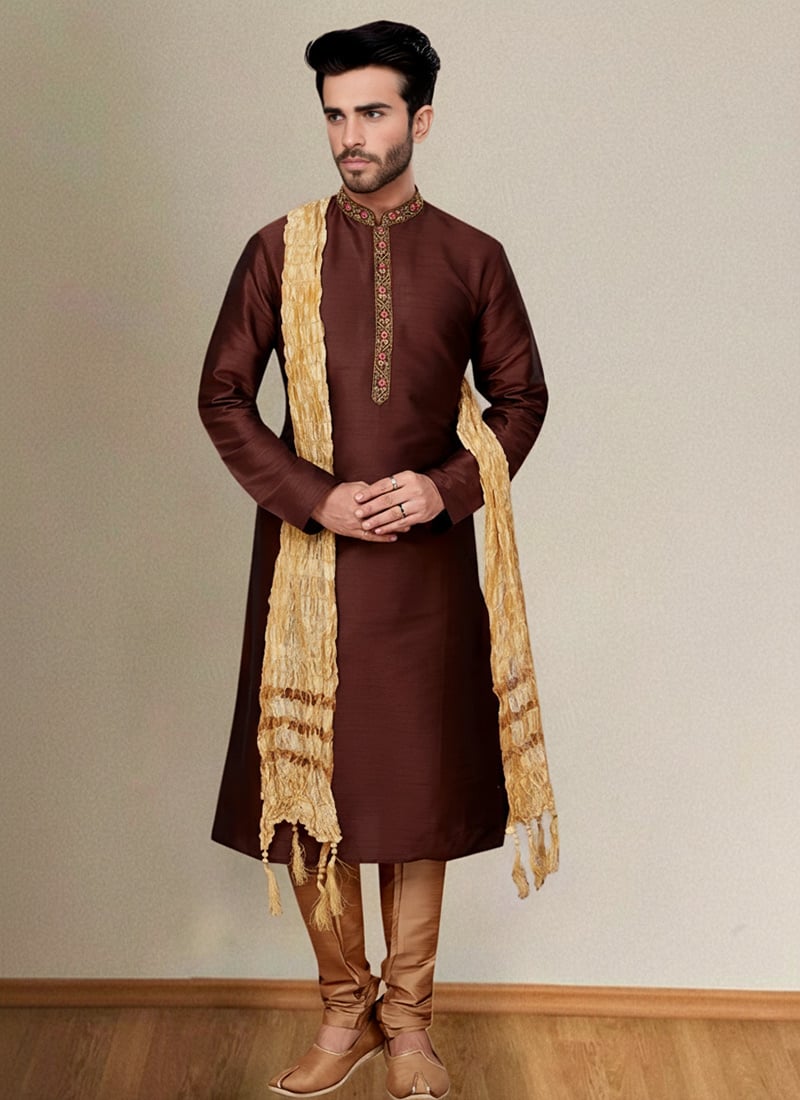 Brown Dupion Silk Embroidered Kurta Pyjama For Men Festive Wear