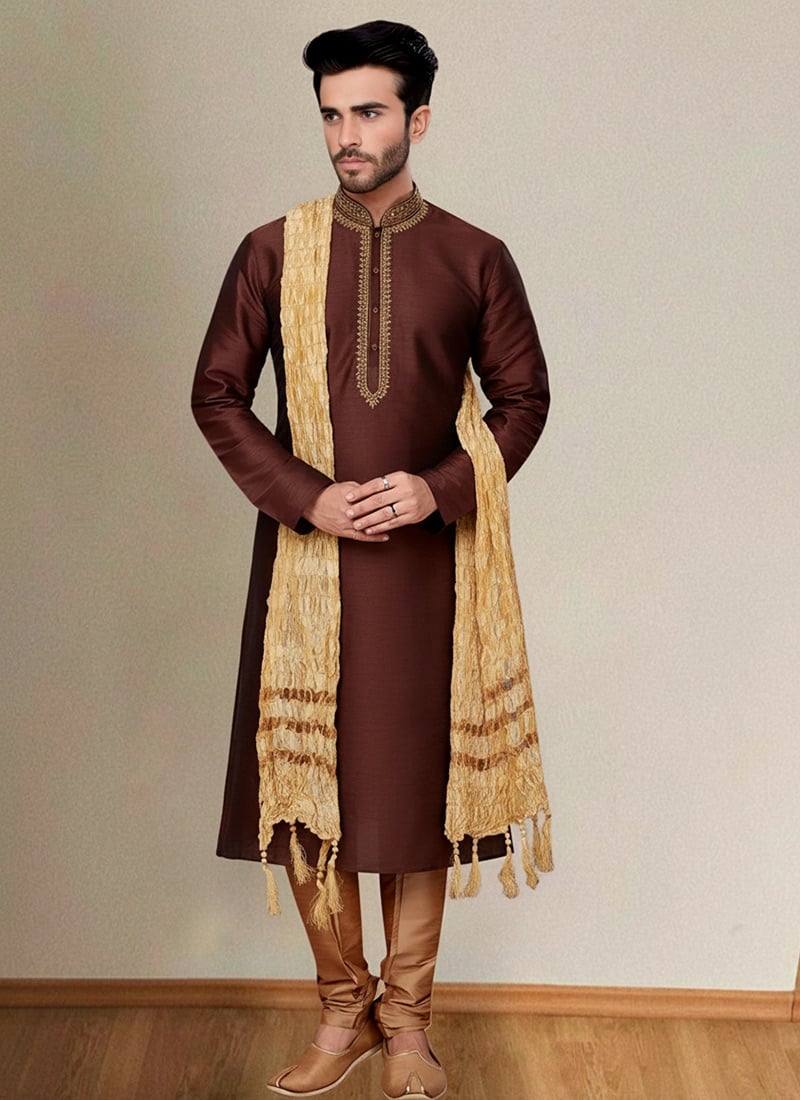 Brown Dupion Silk Embroidered Kurta Pyjama For Men Festive Wear