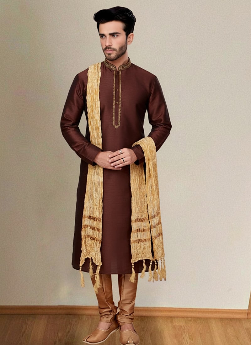 Brown Dupion Silk Embroidered Kurta Pyjama For Men Festive Wear