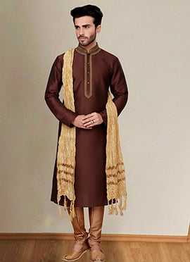 Brown Dupion Silk Embroidered Kurta Pyjama For Men