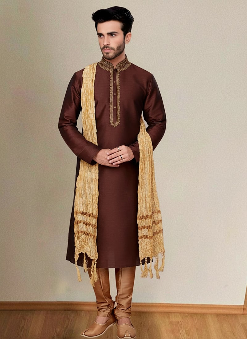 Brown Dupion Silk Embroidered Kurta Pyjama For Men Festive Wear
