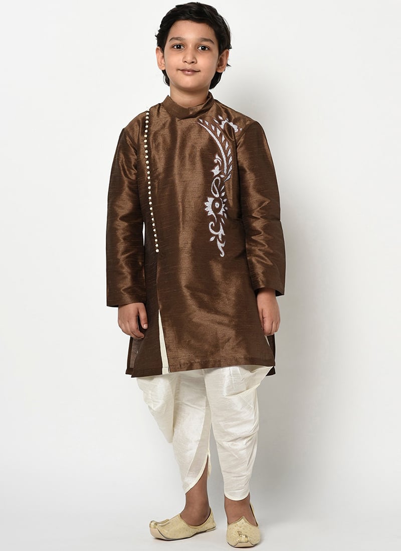 Brown Dupion Silk Embroidered Kurta Pyjama Party Wear