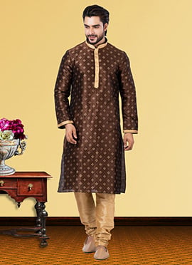 Brown Dupion Silk Jacquard Kurta Pyjama