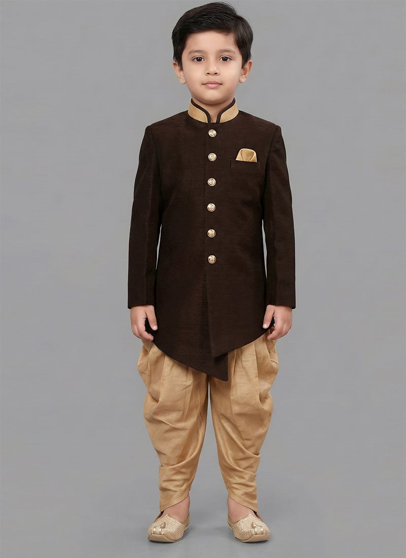 Brown Dupion Silk Kids Boys Indowestern Sherwani Festive Wear