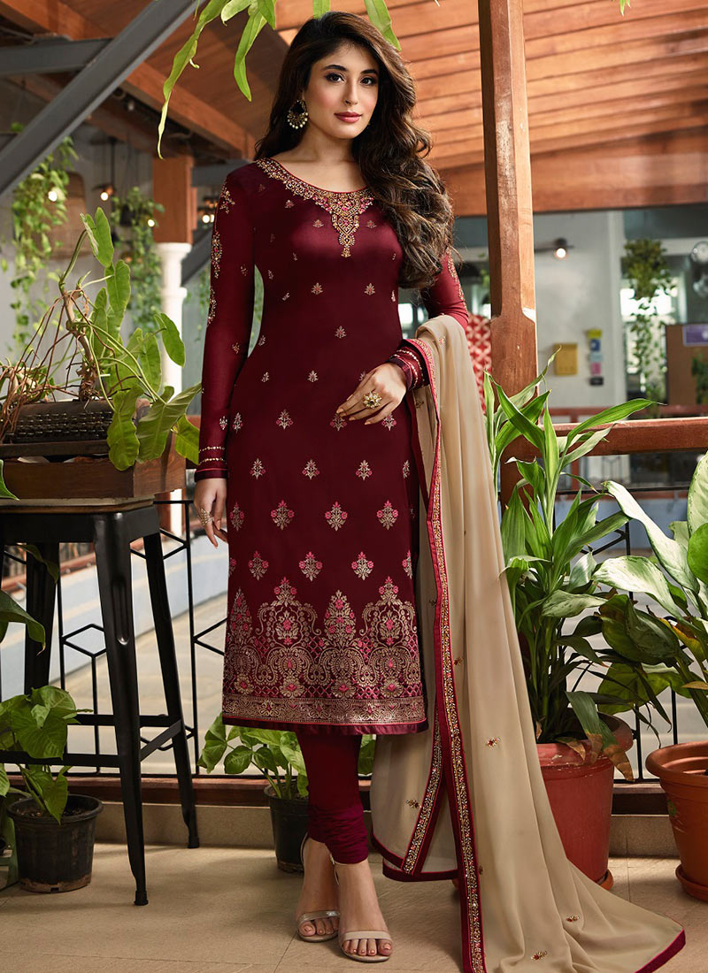 Buy Maroon Embroidered Churidar Suit, Embroidered, churidar suit Online