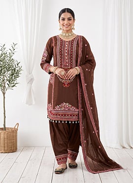 Brown Embroidered Mal Chanderi Patiala Salwar Suit