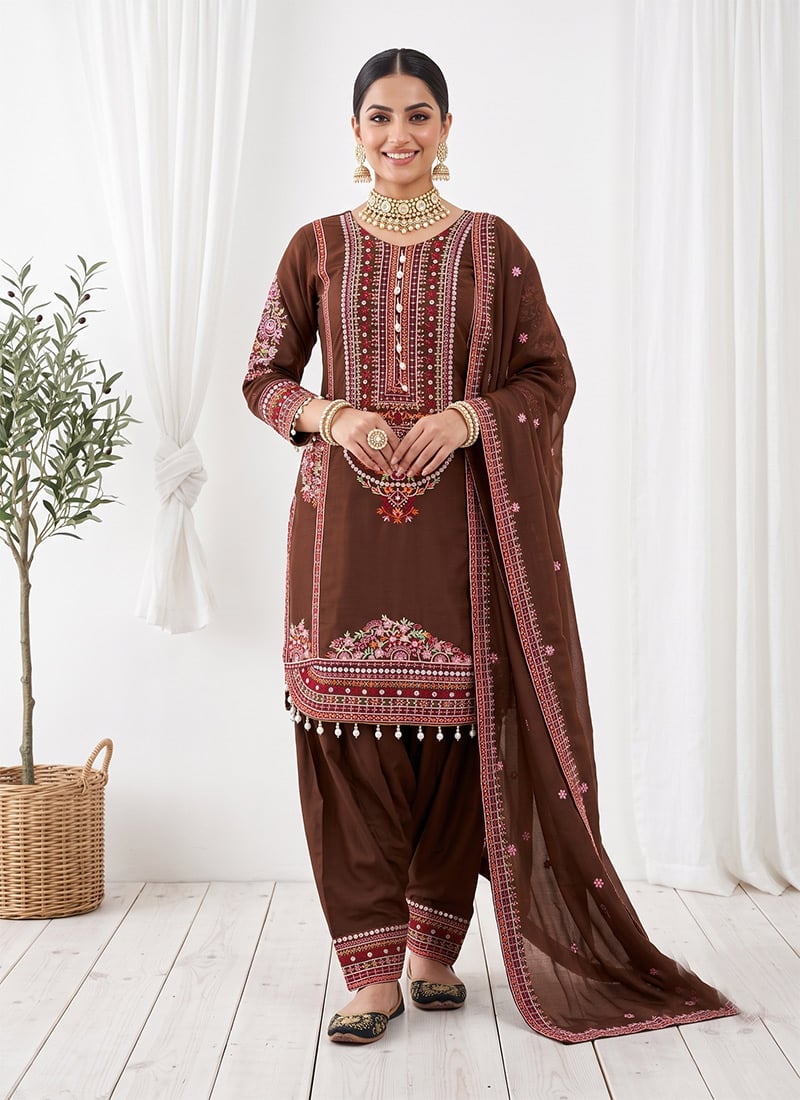 Brown Embroidered Mal Chanderi Patiala Salwar Suit Festive Wear