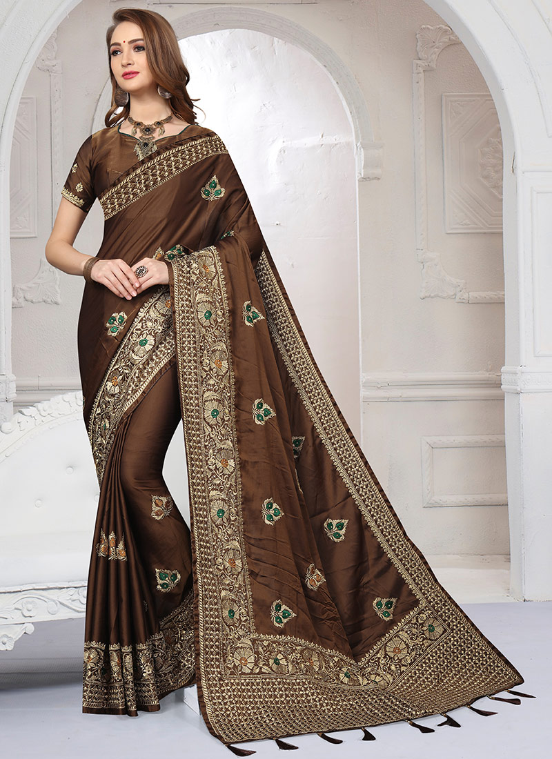 Brown Embroidered Saree Party Wear