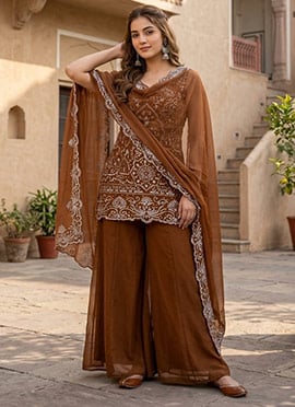 Brown Embroidered Sequins Georgette Palazzo Suit