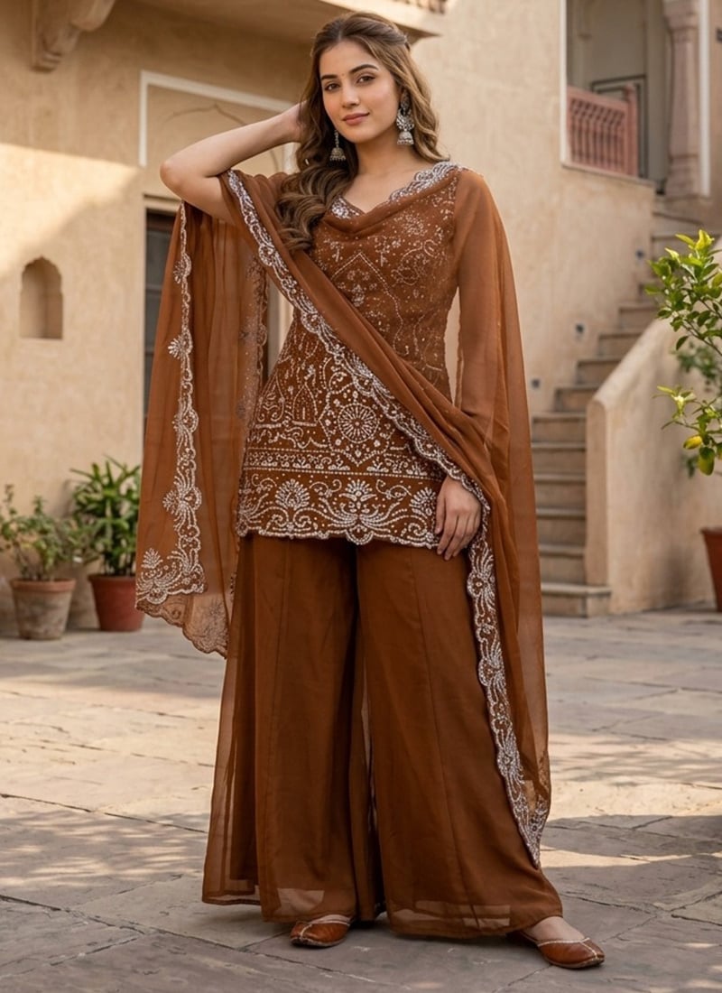 Brown Embroidered Sequins Georgette Palazzo Suit Festive Wear