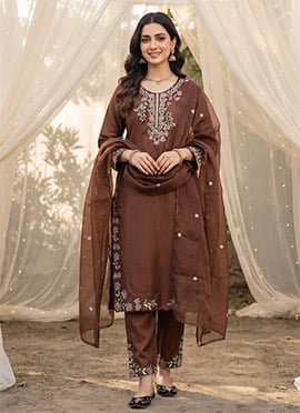Brown Embroidered Vichitra Silk Straight Pant Kurta Set
