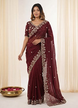 Brown Fandy Silk Embroidered Sequins Saree