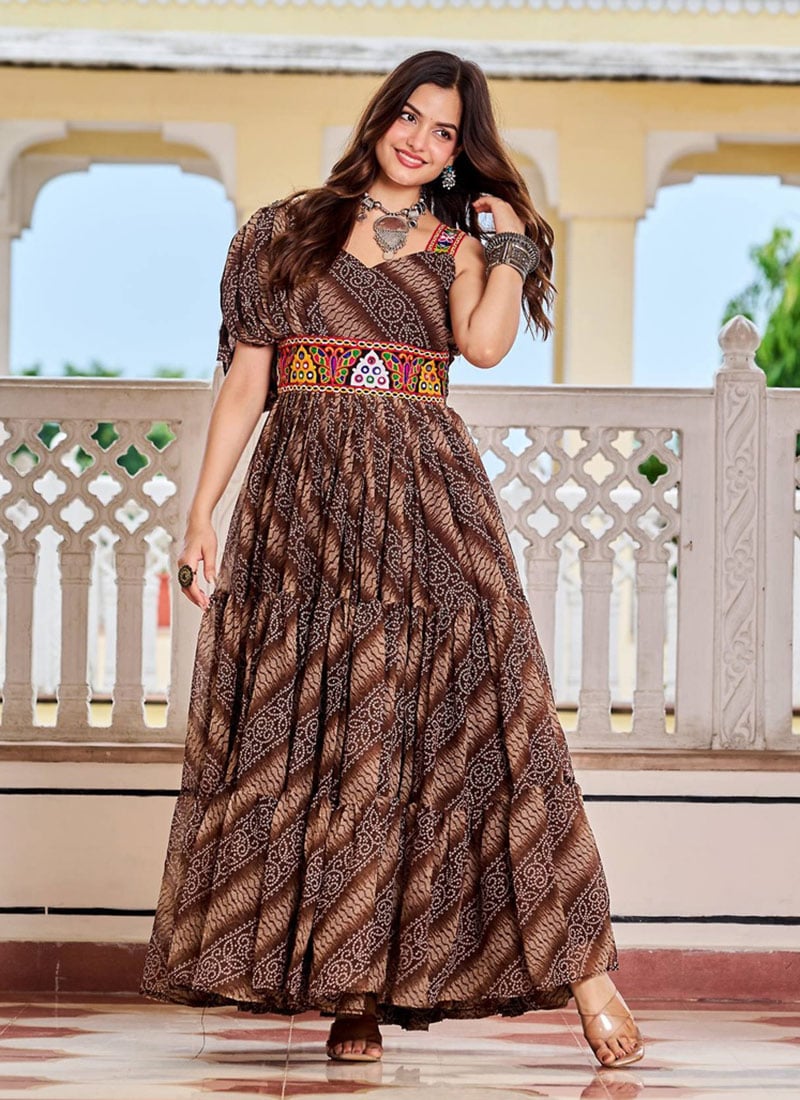 Brown Faux Georgette Bandhini Kutch Work Indowestern Anarkali Gown After Six Wear