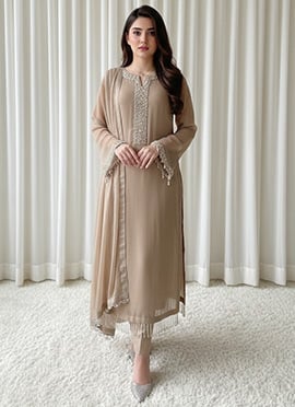 Brown Faux Georgette Beads Stones Hand Embroidered Straight Pant Suit